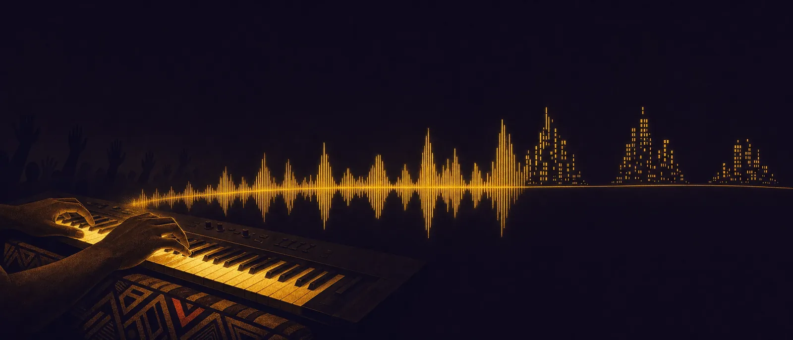 Hands playing a keyboard draped in Ndebele cloth in a darkened African church, the sound rising as a gold waveform that travels right and resolves into the lit windows of distant cities.